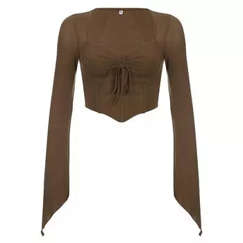 Iuae Fashion Series Плиссированные Топы с Низким Вырезом и Косточками Женские Коричневые Сексуальные с Открытыми Плечами Утягивающие для Повседневной Носки Облегающие с Длинными Рукавами Brown L