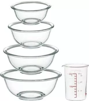iwaki AGC Techno Glass, термостойкая стеклянная чаша, круглая, набор из 4 предметов, в комплект входит мерный стакан