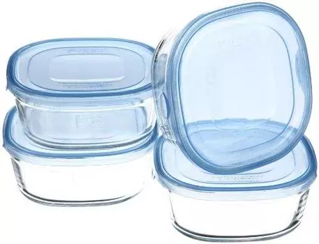 iwaki KBC3240BLN Термостойкий стеклянный контейнер для хранения, цвет морской волны, квадратная форма, S, 15,9 жидких унций (450 мл) x 4 шт., рис, 1 пара в упаковке и ассортименте