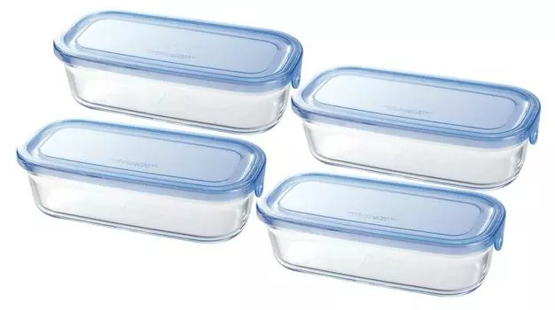 iwaki KBC3246-BLN Pack & Range Heat-Resistant Glass Storage Container, Butter Case, Aqua Blue, Rectangle, M, 16.9 fl oz (500 ml) x 4 Packs