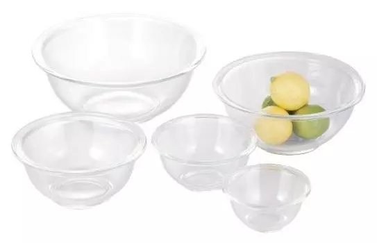 iwaki PST-BO-40N AGC Techno Glass, Heat Resistant Glass, Round, Set of 5, Microwave, Oven, Dishwasher Safe, Wide Mouth Design for Easy Mixing, Low Cen