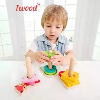Iwood Wooden Animal Cylindrical Blocks Shape Set/Hand-eye Coordination Shape Recognition Puzzle Children s Day Birthday Gift Toys жёлтый