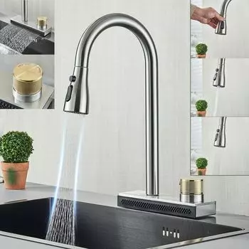Из нержавеющей стали выдвижной водопадный кухонный смеситель Смеситель для кухонной мойки серый