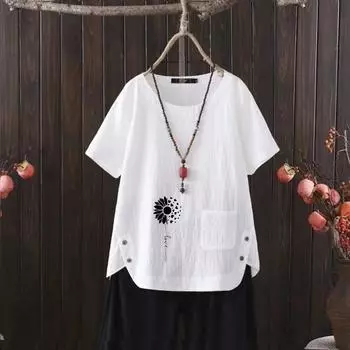 Из офиса в выходной: Футболка из хлопка Euro-US для женщин, с милым нежным принтом и профессиональным V-образным вырезом S белый