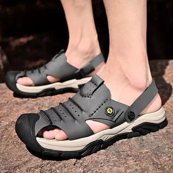 Изъятие сандалий из натуральной кожи, пляжных туфель баотоу с мягкой подошвой, двух сандалий в одном 38 серый