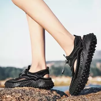 Изъятие высококачественных кожаных сандалий Мужские дышащие туфли с полыми сетчатыми отверстиями 38 чёрный