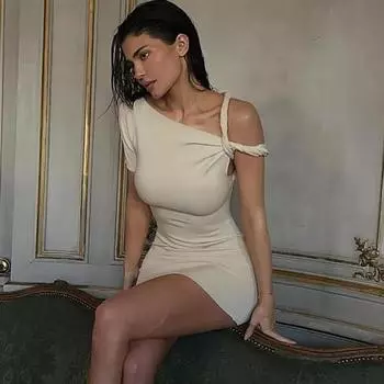 Избранное Сращивание витой ремень один рукав стройнящий сексуальный ветер мешок бедра короткие повседневные платья S чёрный