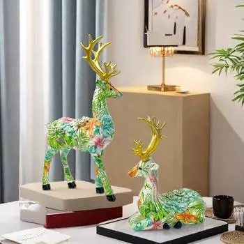 Изделия ручной работы из смолы, печать с помощью переноса воды, красочные украшения в виде оленей, статуэтка, искусство для телевизора, шкафа, книжной полки, офиса, рождественский декор темно-синий