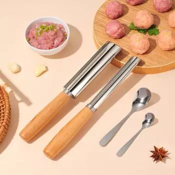 Изготовитель фрикаделек из нержавеющей стали с ложкой, деревянной ручкой, углубленной канавкой, мясное пюре, креветки, рыбные шарики, инструмент для изготовления форм, кухонные гаджеты S