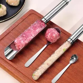 Изготовитель фрикаделек из нержавеющей стали с ложкой, деревянной ручкой, углубленной канавкой, мясное пюре, креветки, рыбные шарики, инструмент для изготовления форм, кухонные гаджеты S