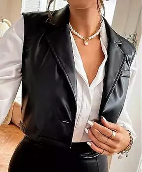 Изготовленный вручную кожаный черный овчинный байкерский стильный женский жилет в стиле вестерн S чёрный