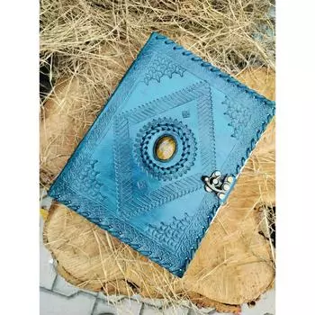 Изготовленный вручную журнал из синей кожи, записная книжка из деревенской кожи, дорожный альбом с тигровым глазом и лазуритом, подарок в стиле Гримуар 8 x 6 in (Unlined Pages ) синий