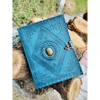 Изготовленный вручную журнал из синей кожи, записная книжка из деревенской кожи, дорожный альбом с тигровым глазом и лазуритом, подарок в стиле Гримуар 8 x 6 in (Unlined Pages ) синий