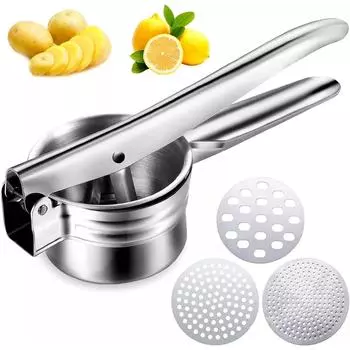 Измельчитель картофеля из нержавеющей стали с 3 съемными и сменными дисками, толкушка для продуктов, пресс для фруктов и овощей, ручная толкушка для кухни 1pcs