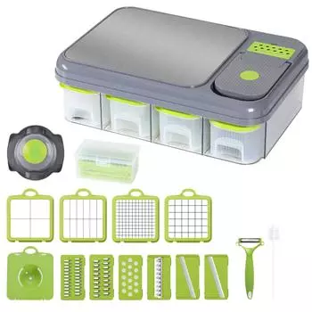 Измельчитель овощей 7 в 1 с контейнером и крышкой, ручной, самоочищающийся, мини серый