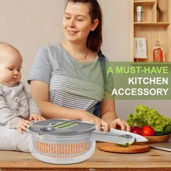 Измельчитель овощей с контейнером Многофункциональный измельчитель лука 11-в-1 Овощерезка-нарезка серый