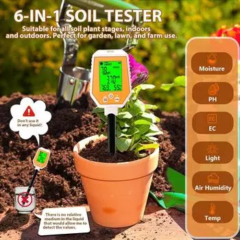 Измеритель pH почвы Измеритель pH почвы Измеритель влажности температуры Измерение интенсивности солнечного света Анализ Тест на кислотность почвы 6 в 1 оранжевый