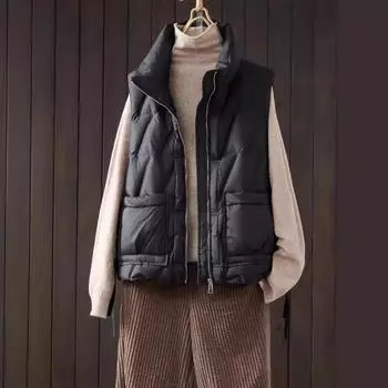 износ, процесс склеивания под давлением газа, белый утиный пух для сохранения тепла, небольшой воротник-стойка, молния, пуховик, жилет, женская осенне-зимняя S чёрный