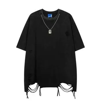 Изношенное, поврежденное украшение ожерелья, мужская футболка с короткими рукавами, разрезанный и рваный подол, повседневный верх футболки, тренд в стиле хип-хоп S чёрный