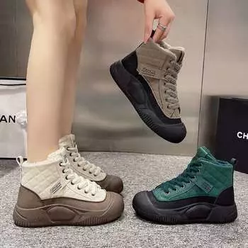 Износостойкие высокие ботинки с хлопковой подкладкой и толстой подошвой, женские новые повседневные нескользящие ботинки для снега с флисовой подкладкой 35