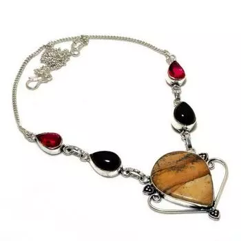 Изображение Яшма Черный Оникс Драгоценный камень 925 Посеребренная Ювелирное Ожерелье 18 дюймов 18 жёлтый