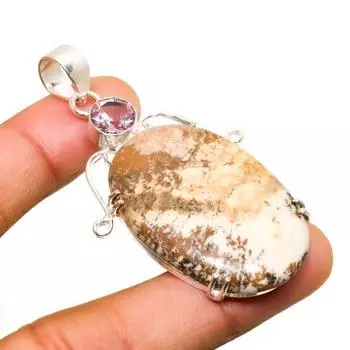 Изображение Яшма, розовый кунцит, драгоценный камень 925, посеребренный кулон 2,46 дюйма 2.46 жёлтый