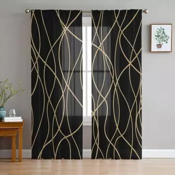Изогнутые линии, современное искусство, черные прозрачные шторы для гостиной, украшения окна, занавески для кухни, тюль, вуаль, органза, шторы W135 x H115cm x1&Rod Pocket