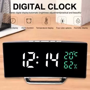 Изогнутый экран Цифровой будильник Время/Дата/Температура/Влажность Дисплей 12/24 ч 3 будильника Регулируемая яркость Настольные часы
