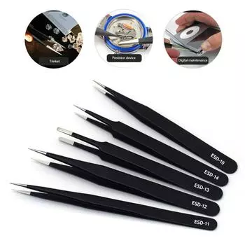 Изогнутый прямой черный пинцет из нержавеющей стали, щипцы для нейл-арта, инструмент для создания блесток и бусин, набор ручных инструментов ESD 10+ESD 15