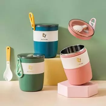 Изолированная чашка для завтрака 450 мл из нержавеющей стали, ланч-бокс, стакан для питья с ложкой, термос для еды, изолированный суповой термос 450ml синий