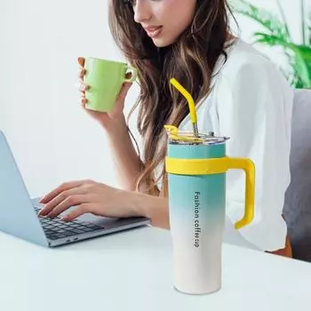 Изолированная чашка из нержавеющей стали на 1200 мл с ручкой, устойчивая к соломе, герметичный стакан для кофе большой емкости, термокружка с вакуумной изоляцией для домашнего дорожного тренажерного зала 1200ml зелёный