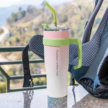 Изолированная чашка из нержавеющей стали на 1200 мл с ручкой, устойчивая к соломе, герметичный стакан для кофе большой емкости, термокружка с вакуумной изоляцией для домашнего дорожного тренажерного зала 1200ml зелёный