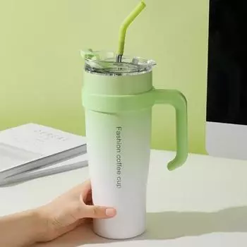 Изолированная чашка из нержавеющей стали на 1200 мл с ручкой, устойчивая к соломе, герметичный стакан для кофе большой емкости, термокружка с вакуумной изоляцией для домашнего дорожного тренажерного зала 1200ml зелёный