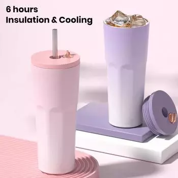 Изолированная кофейная чашка емкостью 700 мл с крышкой 3-в-1. Термостакан из нержавеющей стали для горячих холодных напитков. Герметичная дорожная кружка с соломинкой и широким горлышком для воды. розовый