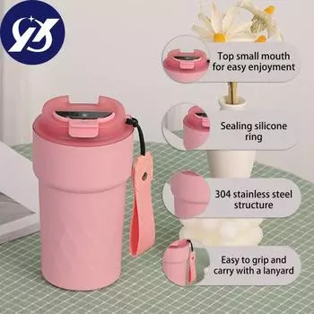 Изолированная кружка, 510 мл, дисплей температуры, портативная портативная кофейная чашка из нержавеющей стали со шнурком и герметичной крышкой, дорожная кофейная чашка розовый