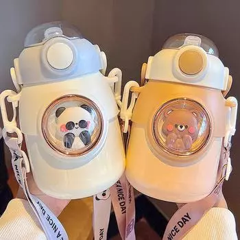 Изолированная кружка 700 мл с соломинкой, герметичная практичная космическая капсула с микроландшафтом, детская изолированная бутылочка для студентов 700ML коричневый