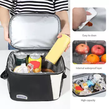 Изолированная сумка для ланча, большие сумки для ланча для женщин и мужчин, многоразовая сумка для ланча с регулируемым плечевым ремнем, ткань Оксфорд 600D, решетчатая алюминиевая пленка 1,5 мм One Size чёрный