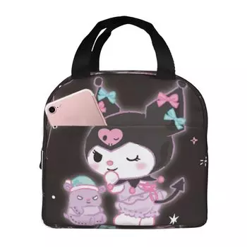 Изолированная сумка для ланча Черная термосумка для ланча с застежкой-молнией Компактная сумка для ланча Мягкая сумка-холодильник Сумка Kuromi-chan Tote/Eco