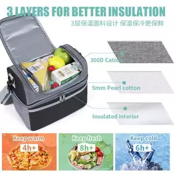 Изолированная сумка для ланча, двухъярусная сумка для ланча, большая герметичная расширяемая сумка для ланча, многоразовая сумка-холодильник с карманом для работы, пикника на природе вино красного
