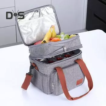 Изолированная сумка для обеда, двухслойная портативная ручка, регулируемый плечевой ремень, большая вместимость, офисный работник, контейнер для пикника на открытом воздухе, коробка для бенто чёрный