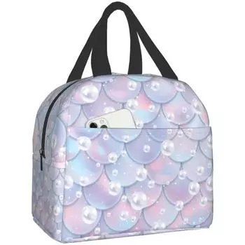 Изолированная сумка для обеда Ocean Mermaid Scales для женщин, герметичная термосумка для обеда для девочек, детская сумка-холодильник, многоразовая сумка-тоут Bento 22x20x13CM бежевый