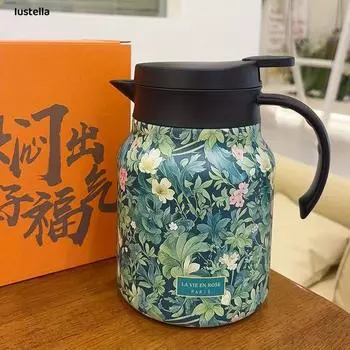 Изолированный графин для чая из нержавеющей стали с двойными стенками, элегантный цветочный дизайн объемом 1 л, с заварником для чая, для заваривания листового чая, для использования дома и в офисе 1000ML зелёный