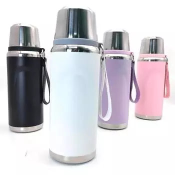 Изолированный вакуумный термос с чашкой, 600 мл, термос из нержавеющей стали для горячих и холодных напитков, кружка для путешествий и занятий спортом на открытом воздухе чёрный