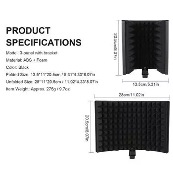 Изолирующий экран микрофона с поглощающей губкой высокой плотности. 3-панельное складное мини-лобовое стекло. чёрный