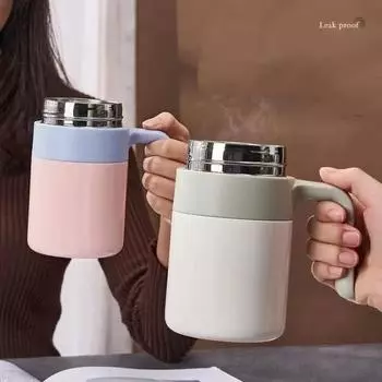 Изоляционная чашка из нержавеющей стали 316, большая емкость, чашка для питья с ручкой, кружка для офиса и улицы, подарочная чашка, кофейная чашка 500ml розовый