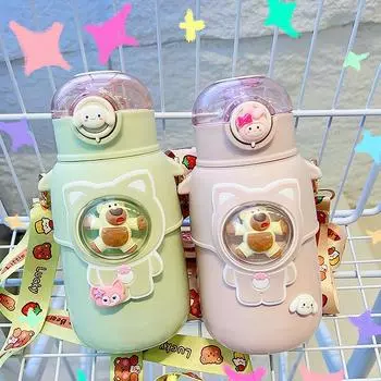 Изоляционная чашка из нержавеющей стали с милым медведем 316, детская соломенная термос большой емкости, бутылка для воды для школы, термопосуда, бутылки для напитков 601-700ml