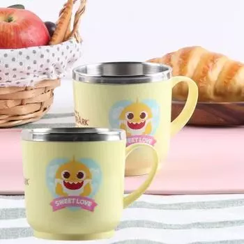 Izoum Pinkfong Baby Shark Нескользящая чашка с ручкой из нержавеющей стали, 200 мл, желтый, 2 шт., Популярные корейские товары для родителей