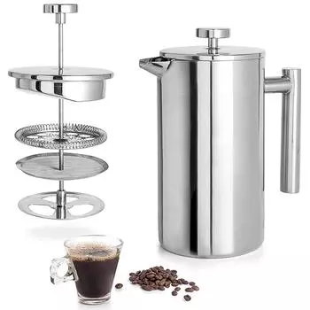 Изящная кофеварка из французской нержавеющей стали, кофейник-пресс с фильтром и двойной стенкой