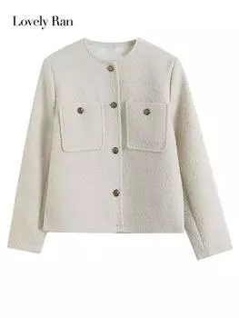 Изящная куртка с круглым вырезом в стиле ретро, женская осенне-зимняя короткая куртка с карманами и длинными рукавами, женская однобортная шерстяная женская верхняя одежда S белый