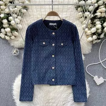 Изящная куртка в стиле ретро, джинсовое пальто, женское легкое роскошное однобортное облегающее короткое кардиган в клетку с бриллиантами и длинными рукавами, женский топ S синий